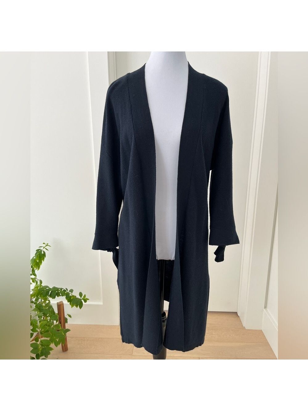 GNW Navy Blue Open Front Long Knit Cardigan Tie Detail Sleeve Lightweight Basic